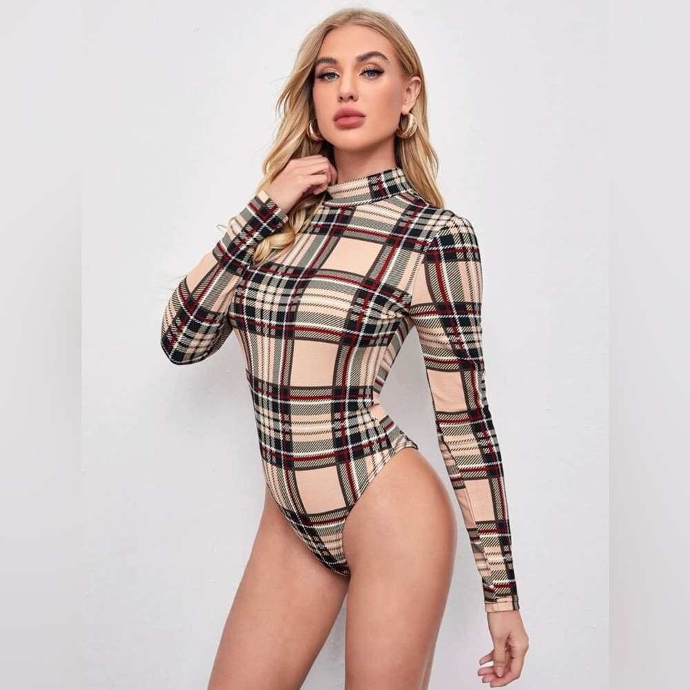 Mock Neck Plaid Form Fitted Bodysuit